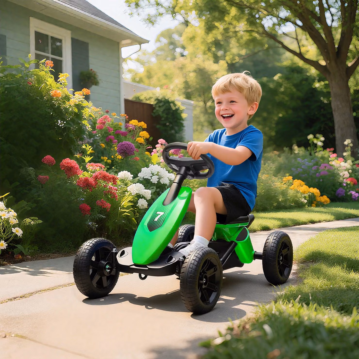 Go-Kart a pedali AIYAPLAY per bambini dai 2 ai 5 anni con ruote in EVA silenziose, movimento avanti e indietro, colore verde – 2