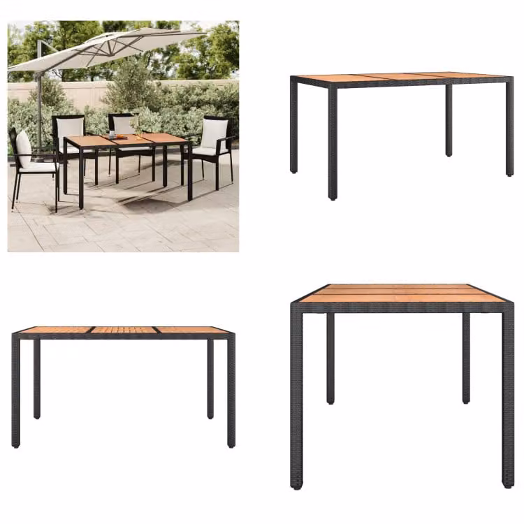vidaXL Tavolo da giardino con piano in legno in poly rattan nero e legno di acacia - Tavolo da giardino con piano in legno - Tavoli da giardino con piano in legno - Mobili da giardino - Tavolo da pranzo