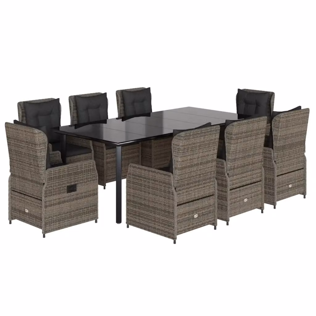 Set da pranzo da giardino vidaXL in polyrattan e vetro con 9 pezzi, colore grigio e nero – 2