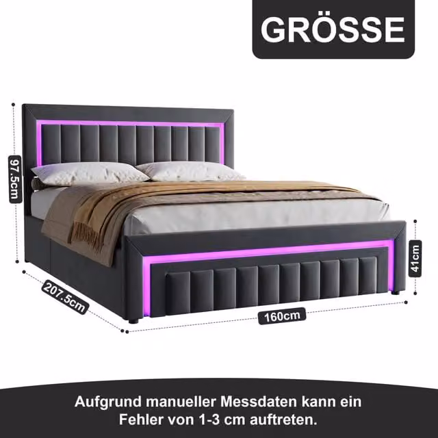 Letto Imbottito Grigio Scuro 160x200 cm con LED, Cassetti e Struttura in Metallo e Legno
