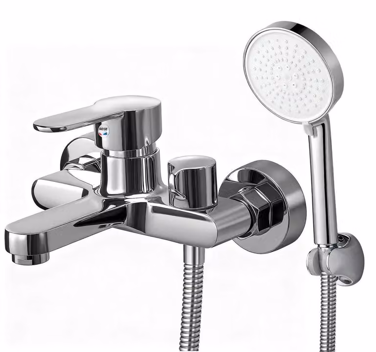 Miscelatore monocomando per vasca da bagno, da montare a parete, con doccetta manuale, in cromo e ottone