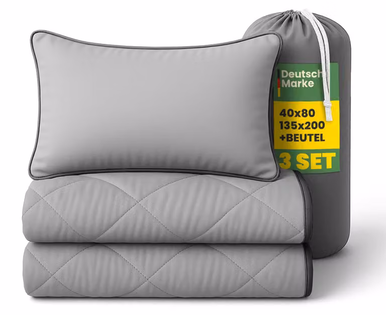 Set da letto da viaggio 135x200/40x80 cm, 2 pezzi, antracite, microfibra, piumino estivo e cuscino con borsa inclusa, compatto per campeggio, vacanze e letto per gli ospiti