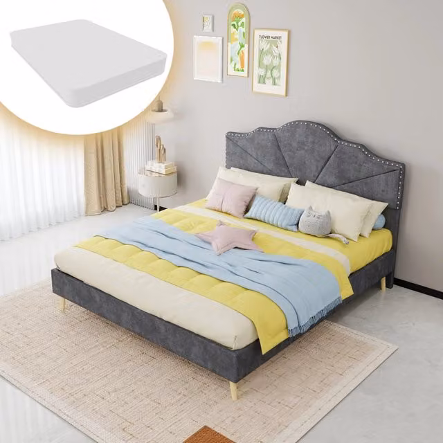 Letto imbottito matrimoniale 160×200 cm con testiera geometrica, materasso incluso, tessuto grigio