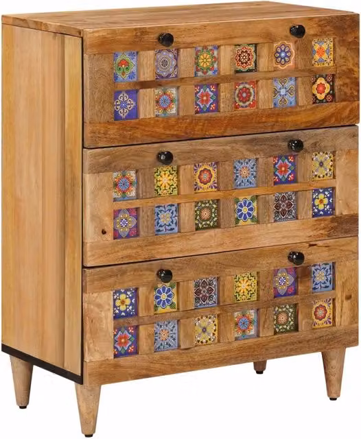 Credenza moderna vidaXL in legno di mango massello naturale multicolore L: 60 cm, P: 33 cm, H: 75 cm