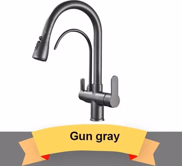 Rubinetto da cucina con filtro dell'acqua - Miscelatore per lavello a due maniglie - Bocchetta girevole a 360° - Montaggio su piano di lavoro con un foro - Colore: grigio gunmetal
