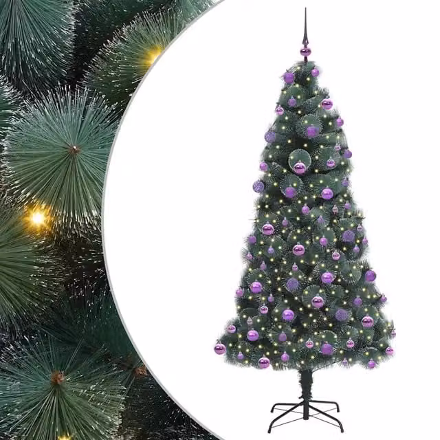 Albero di Natale artificiale pre-illuminato con LED luce bianca calda e set di palline verde vidaXL – 1
