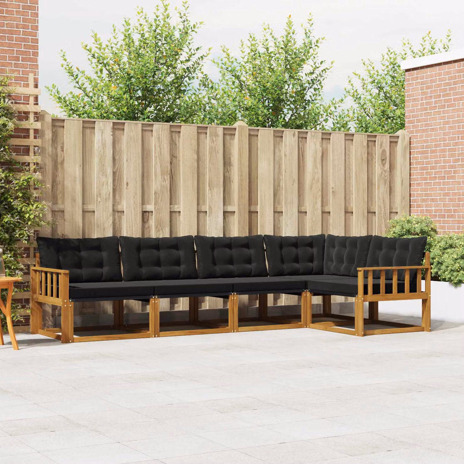 Set di divani da esterno vidaXL a forma di L composto da 5 pezzi in legno di acacia con cuscini in tessuto textilene, colore marrone e nero