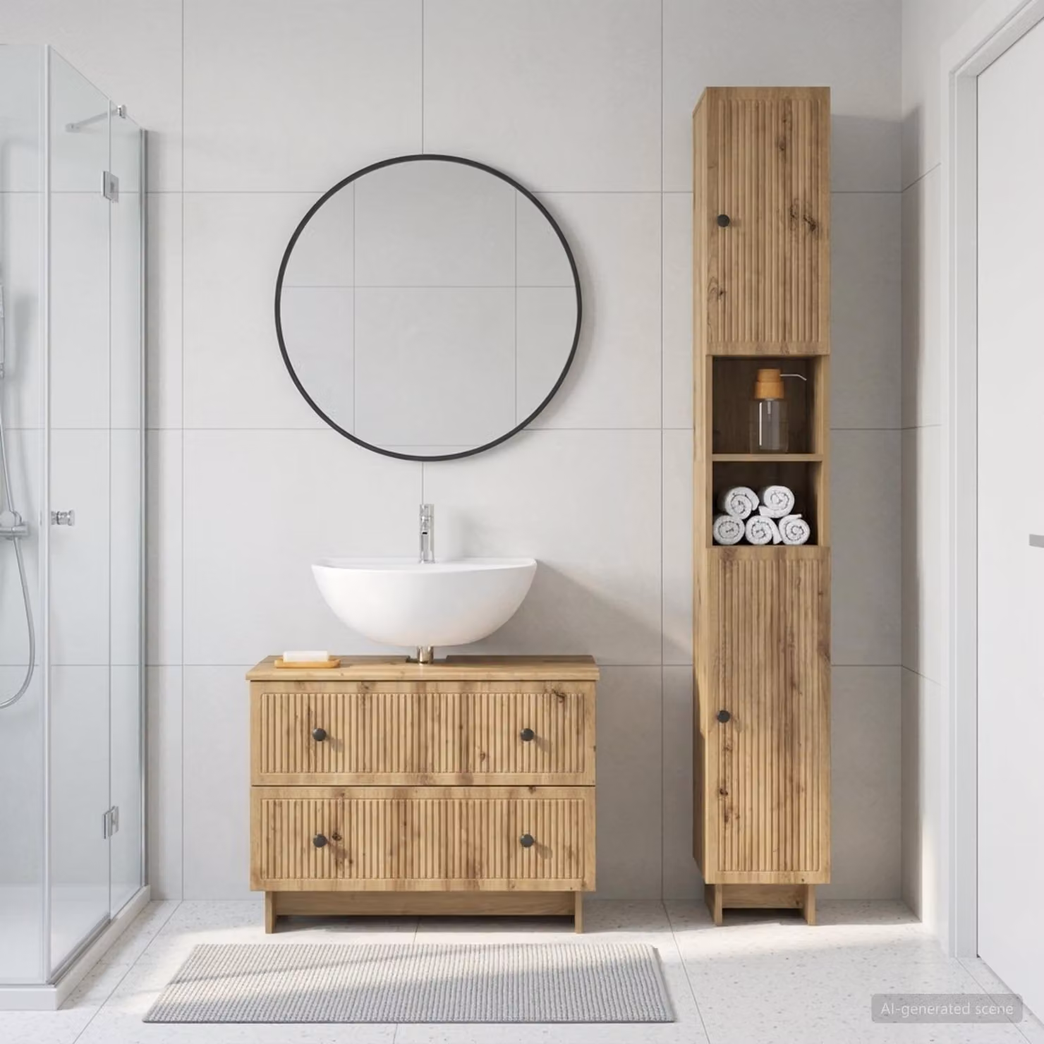 Set di 2 mobili da bagno vidaXL in legno rovere marrone con armadietto a muro e mobile lavabo con ripiani interni e ante a battente