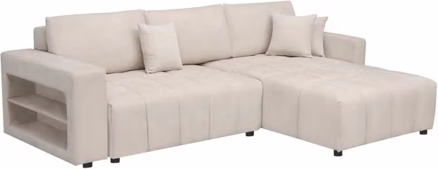 Divano letto angolare moderno Palozi in tessuto beige con struttura in legno e funzione letto reversibile