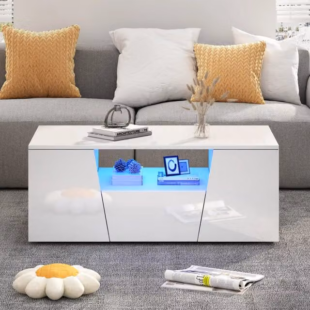 Tavolino da Salotto Irregolare 100x50x40 cm, Bianco Lucido con LED, 2 Ante e 1 Cassetto