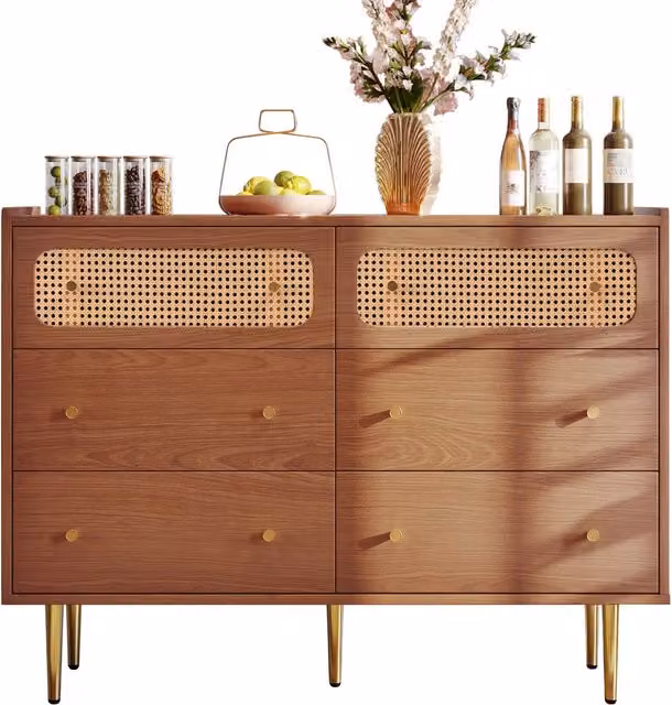 Comò Chicfurn in legno e metallo con dettagli in rattan e finitura vintage, colore marrone e oro, L/P/H: 120 x 40 x 90 cm