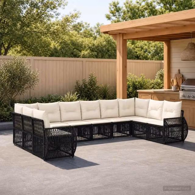 Set Divano da Giardino 10 pz Nero e Bianco Crema polyrattan 3435526
