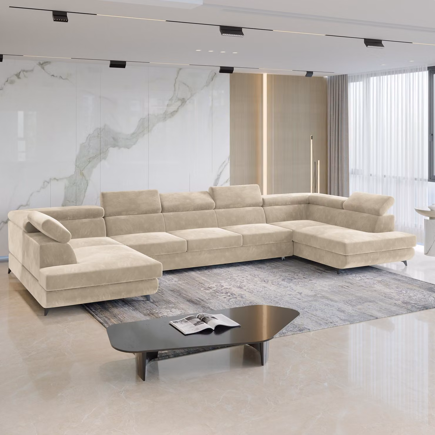 Divano angolare URMANO di Masseno con funzione letto a U, divano con box letto, divano da soggiorno, divano, divano letto, set di divani - crema, MONOLITH 04