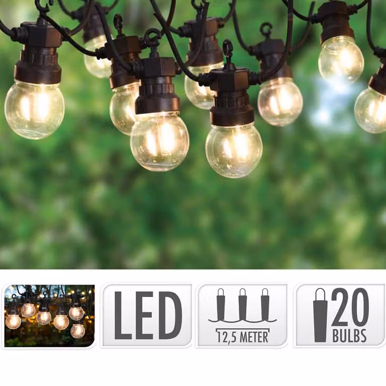 Ghirlanda LED per esterni con 20 lampadine Benicadell 12,5m 2700K bianco caldo