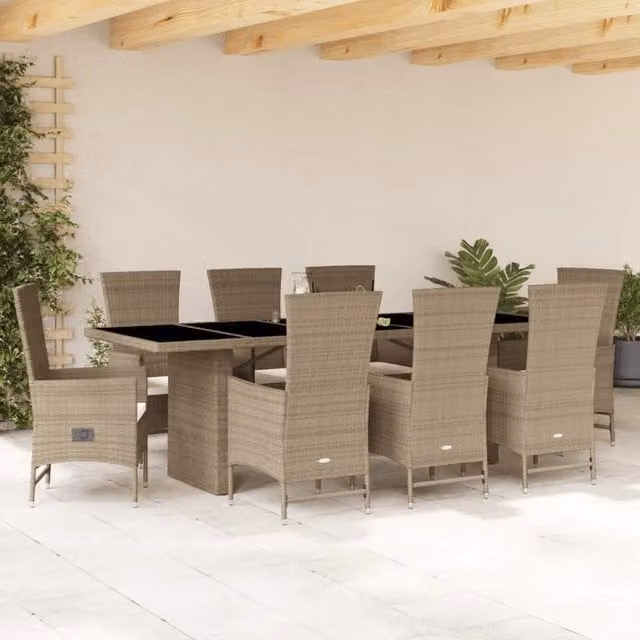Set da Pranzo da Giardino vidaXL in Polyrattan con Cuscini Beige e Tavolo in Vetro, 9 Pezzi