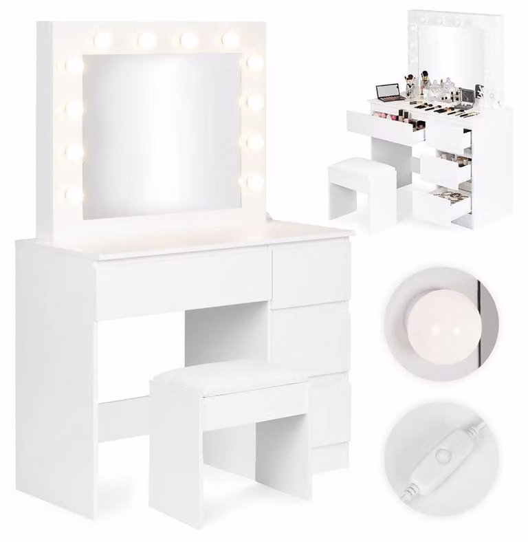 Tavolo da toeletta con specchio a LED, 4 cassetti + sgabello