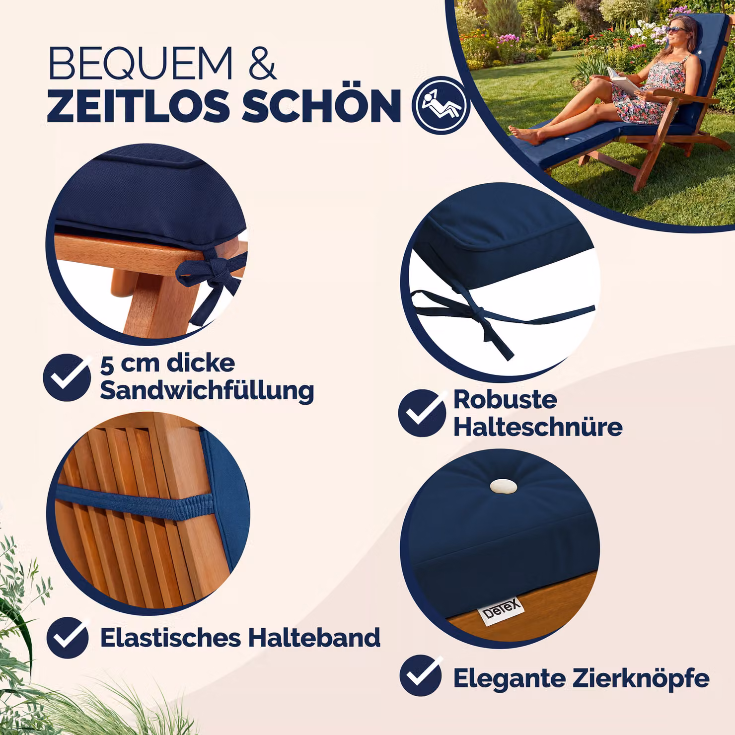 Materassino per sdraio rettangolare in poliestere blu e bianco con tessuto idrorepellente Detex® L: 184,5 cm, P: 43 cm – 2