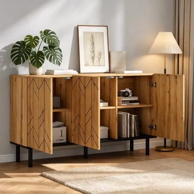 Sideboard REDOM moderno con effetto onda in legno e metallo, colore marrone e nero, L 120 cm x P 35 cm x H 70 cm