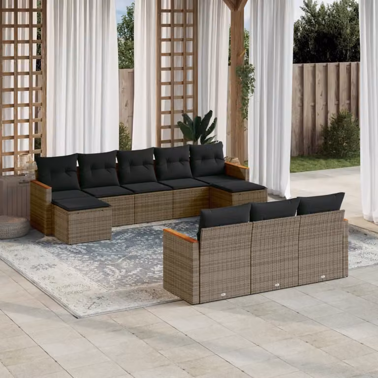 vidaXL Set Divano da Giardino 10 pz a forma di U in Polyrattan Grigio con Cuscini Imbottiti e Rivestimenti Rimovibili