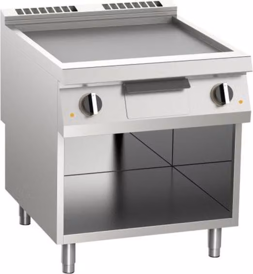 Piastra grill elettrica KBS, superficie liscia cromata, 10,8 kW, 2 zone di riscaldamento, base aperta.