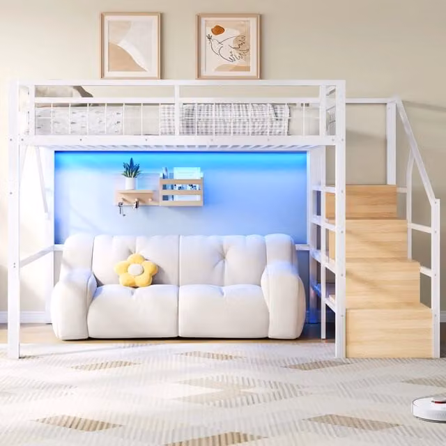 Letto a soppalco 140x200 cm con struttura in metallo e MDF; scala contenitore e luce LED; bianco