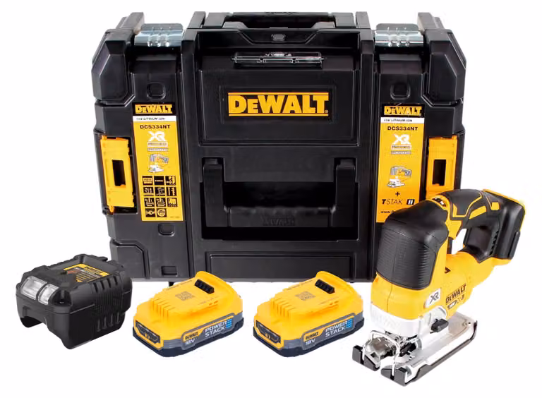 Seghetto alternativo a batteria DeWalt DCS 334 E2T 18 V senza spazzole + 2x batteria Powerstack 1,7 Ah + caricabatterie + TSTAK