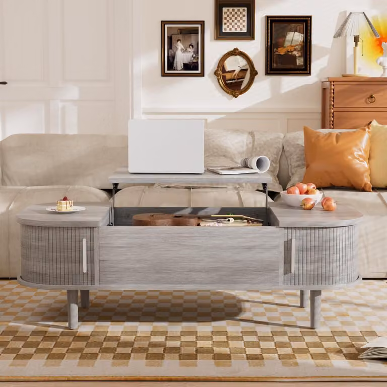 Tavolino con piano sollevabile, in legno, colore grigio, con spazio contenitivo nascosto e superficie di lavoro