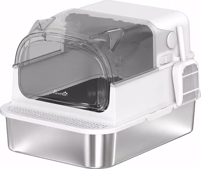 PawHut 3 in 1 Lettiera Gatto Chiusa XL 90L in Acciaio Inox con Coperchio Rimovibile, Paletta, Pareti Alte, Bianco   Aosom Italy