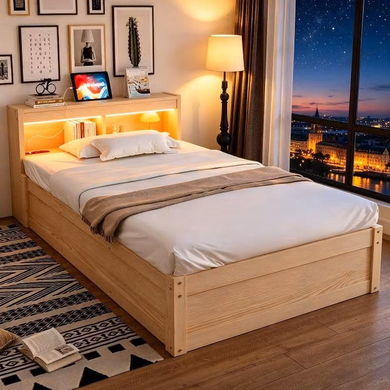 Letto matrimoniale 90x200 cm in legno, con spazio contenitore, striscia LED e presa di corrente, ideale per la camera da letto