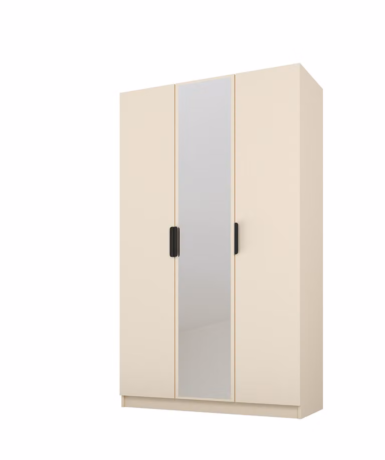 PAWS MOBEL Armadio inclinabile beige 120x52x200 cm, armadio a tre ante aperto con specchio, con ripiani e appendini