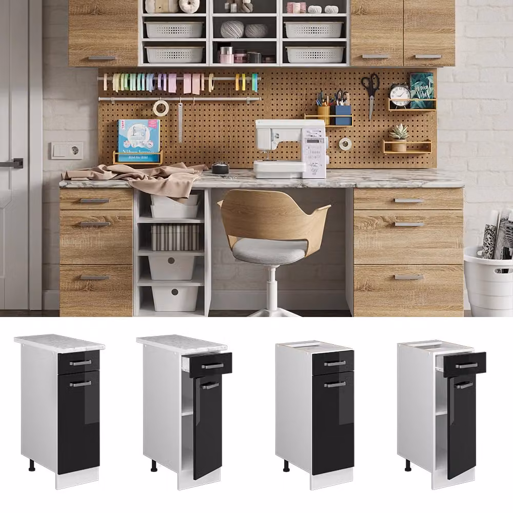 Base universale R-Line Vicco Nero lucido con cassetto e piano di lavoro, L: 30 cm, H: 81,6 cm, P: 60 cm – 2
