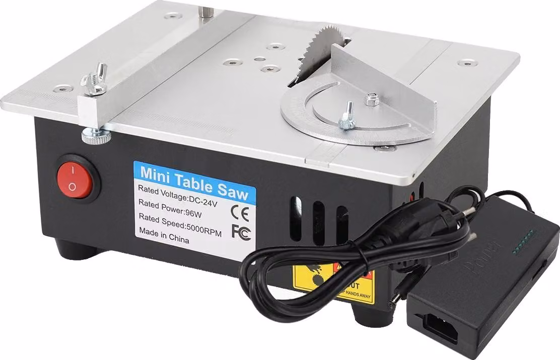 Mini sega da banco, potenza 96 W, profondità di taglio 14 mm, velocità nominale 5000 giri/min, materiale in lega di alluminio, tubo per l'aspirazione della polvere in dotazione