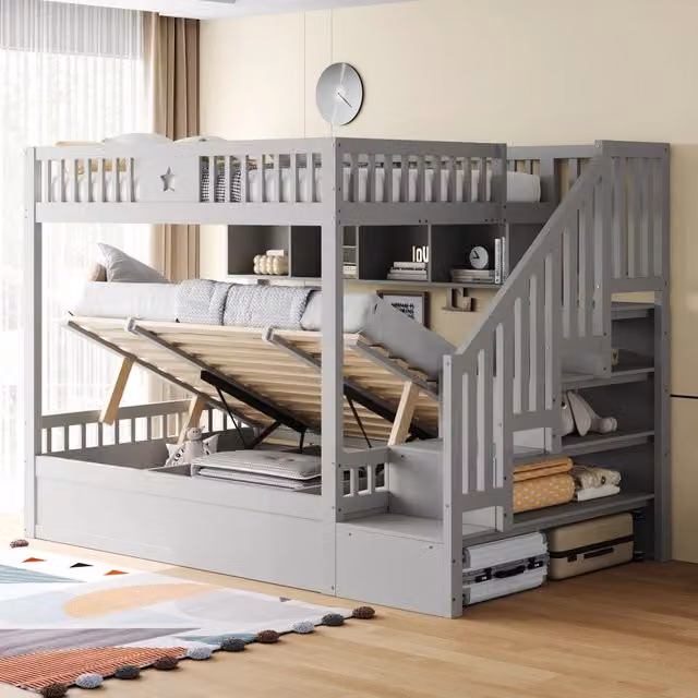 Letto a castello REDOM in legno massello con contenitore idraulico e scala, grigio, L/P/H: 140 x 200 x 165 cm