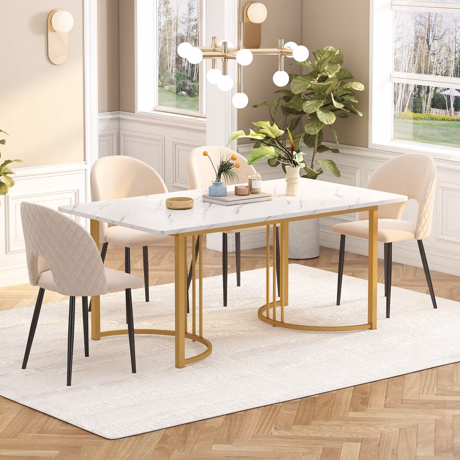 okwish Tavolo da pranzo 140x80 cm, 1 pz., struttura in metallo con gambe regolabili, bianco/oro