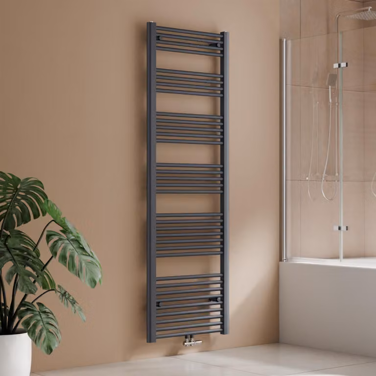 Radiatore da bagno 180 x 60 cm, 860 W, antracite, radiatore asciugamani con attacco centrale, design lineare, asciugatore per asciugamani – S'AFIELINA