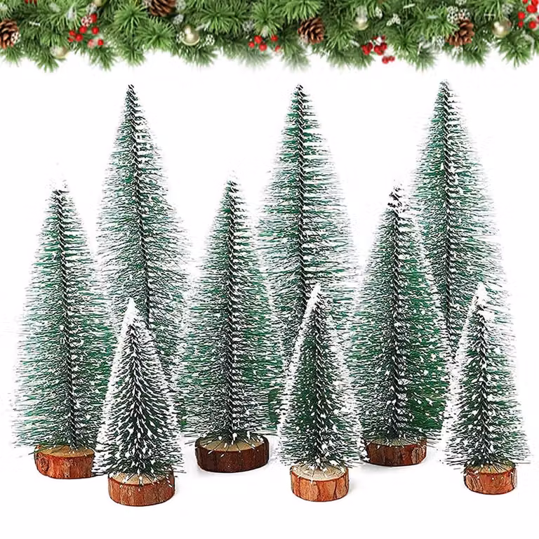 Set di 9 mini alberi di Natale artificiali, in 3 diverse dimensioni, con base in legno