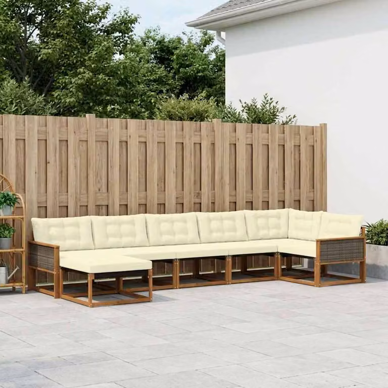 Set di divani da esterno vidaXL 7 pz a forma di L in legno di acacia con cuscini beige e bianchi
