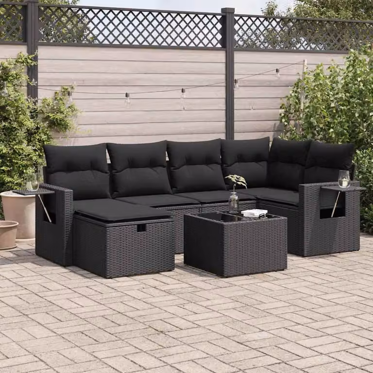 Set Divano da Giardino a L con Cuscini vidaXL, 7 Pezzi, Nero