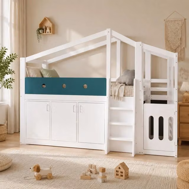 Letto a soppalco semialto ULEVR 90x200 cm a forma di casa con area gioco, armadio contenitore e scala, bianco