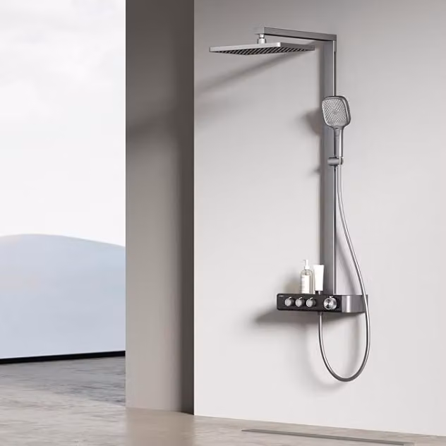Sistema doccia EMKE con termostato Colonna doccia antracite opaca con doccia a pioggia quadrata 360×240 mm, bocca da bagno, regolatore di flusso e mensola in vetro F27