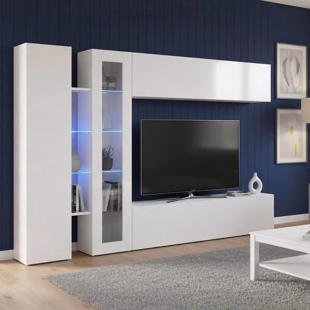 Parete attrezzata DMORA Annie per soggiorno in bianco lucido, L: 280 cm, P: 30 cm, H: 180 cm