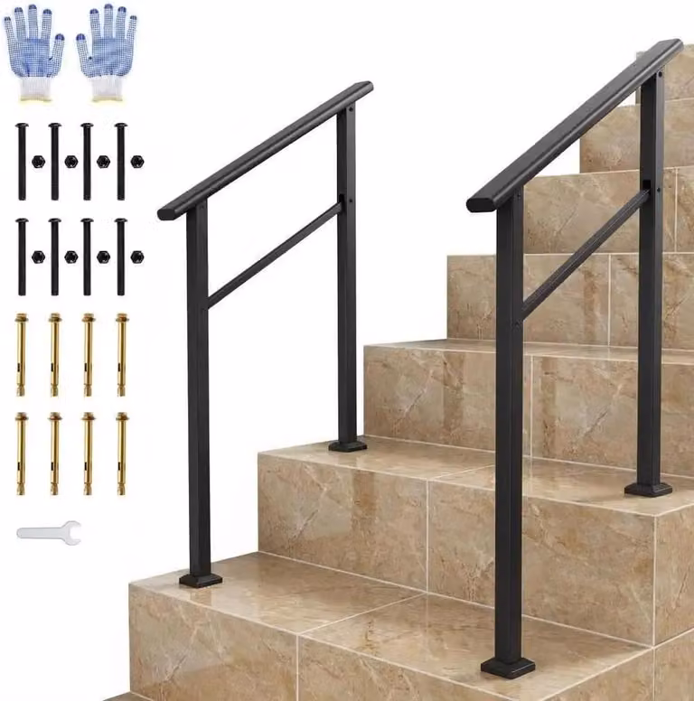 Corrimano per scale esterne - Ringhiera regolabile - Per 2 gradini, set da 2 pezzi - Alluminio - Montaggio a pavimento - Resistente alle intemperie - Nero