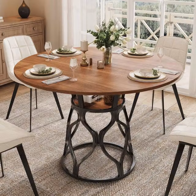 Tavolo da pranzo rotondo Minimal effetto noce e metallo nero per 4-6 persone L: 100 cm, P: 100 cm, H: 75 cm – 1