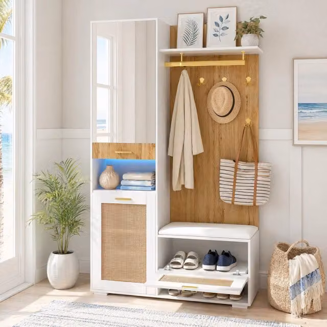 Desviae Set da ingresso con armadio a 3 ante, specchio, panca, vani a giorno e 6 ganci, MDF bianco e legno