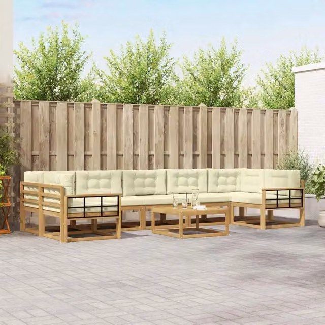 Set di divani da esterno a L con tavolino vidaXL in legno di acacia, Bianco e Beige