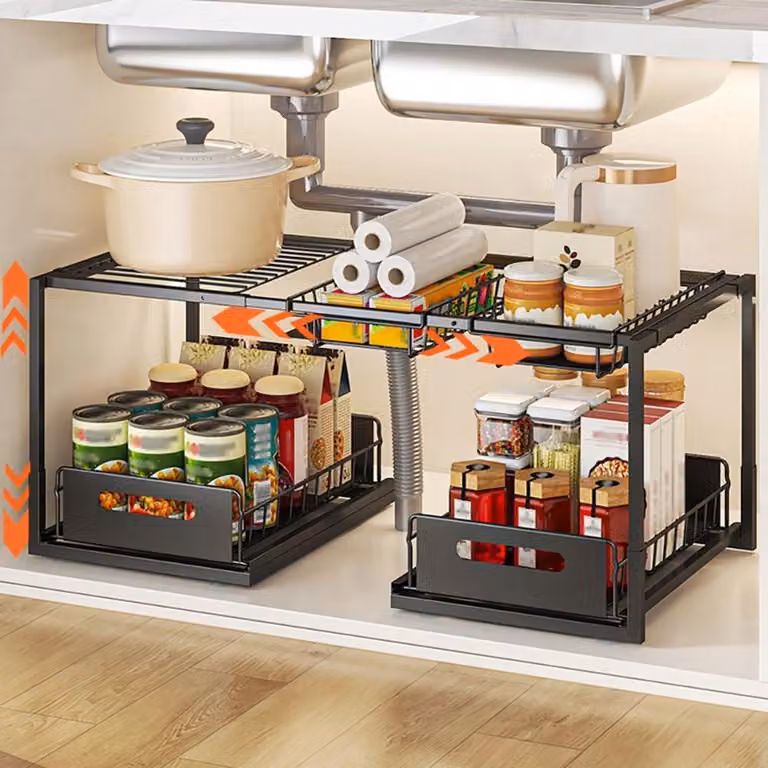 Organizzatore estraibile per mobile basso, in metallo nero, stile B, dimensioni 58-75x32-40x36,5 cm
