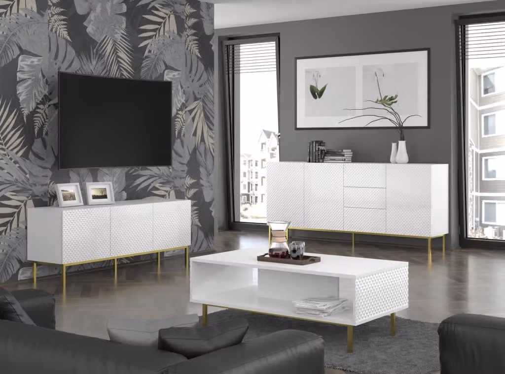 Mobile porta TV Ravenna C Diamond Bim Furniture in MDF Bianco Opaco con Cornice Oro e design moderno per il tuo soggiorno – 2