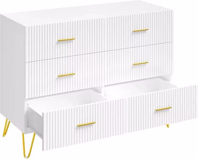 Mobile con 6 Cassetti in Truciolato Bianco con Finiture Dorate, 100x40x75 cm