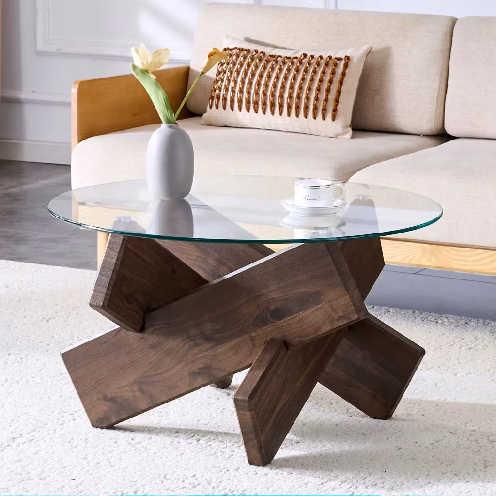 Tavolino rotondo REDOM in MDF effetto noce e vetro trasparente, Diametro: 79 cm, Altezza: 45 cm – 2