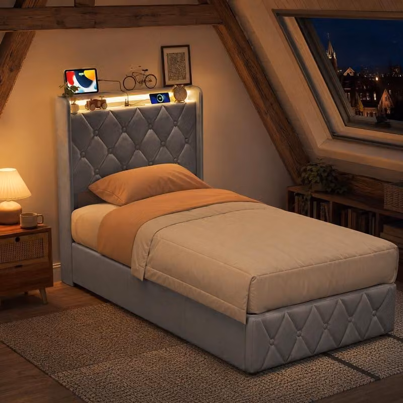 Letto imbottito UnboxG 90x200 cm con contenitore, letto imbottito in velluto con sistema di sollevamento idraulico, illuminazione LED, porta USB e porta di tipo C, rete a doghe, colore grigio